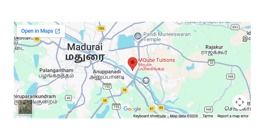Supplied map image showing the MQube Tuitions marker in Madurai